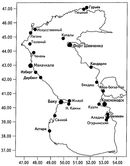 Схема расположения водомерных постов на побережье Каспийского моря