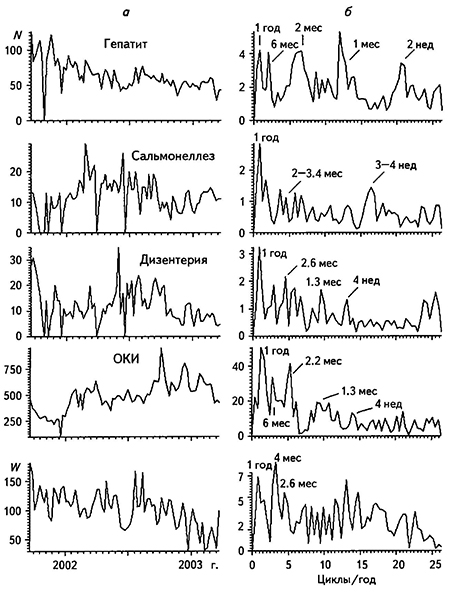 Временные ряды с недельным опросом числа инфекционных заболеваний в Свердловской области за сентябрь 2001 г. - май 2003 г. и чисел Вольфа за тот же период (а) и соответствующие им амплитудные спектры (б)